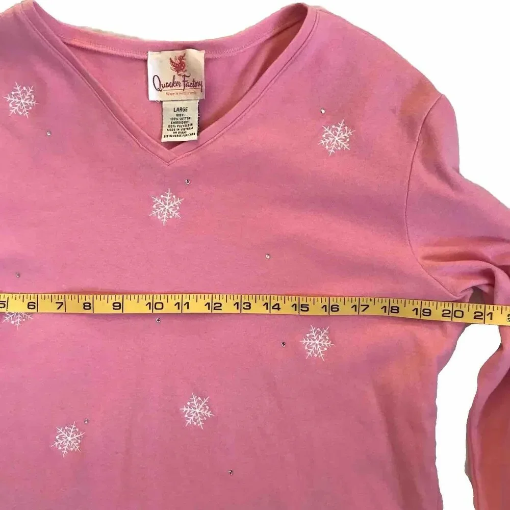 QUACKER FACTORY Top Large Pink Long Sleeve V-Neck Snowflakes SEQUINS EMBROIDERY